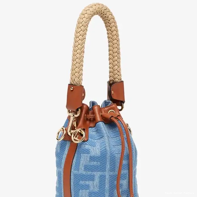 Vintage HOT with Handle Straw Motif Straw Tresor Bag Mon Fendi Bucket Mini In FF Blue 0323